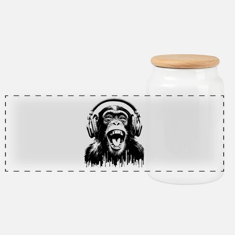 Music Monkey World 🎧 Affe mit Kopfhörern - Panorama Keksdose mit Holzdeckel - Weiß