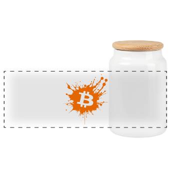 Bitcoin Crypto Cryptocurrency Splash - Panorama Keksdose mit Holzdeckel - Weiß - Vorne