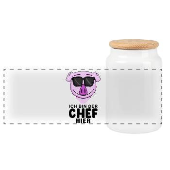 Chef Spruch mit Schwein Motiv - Panorama Keksdose mit Holzdeckel - Weiß - Vorne