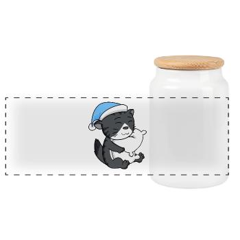 Sleeping Tired - Cat with Pillow and Sleepy Cap - Panoramic Cookie Jar with Wooden Lid - white - Front