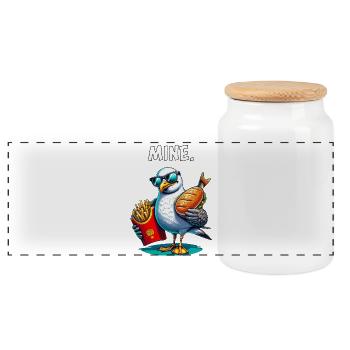 Cheeky seagull with fries & fish sandwiches – MINE - Panoramic Cookie Jar with Wooden Lid - white - Front
