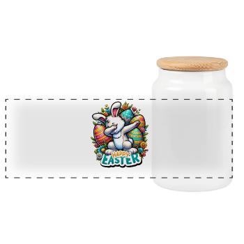 Happy Easter – Süßer Osterhase mit Dab Pose - Panorama Keksdose mit Holzdeckel - Weiß - Vorne