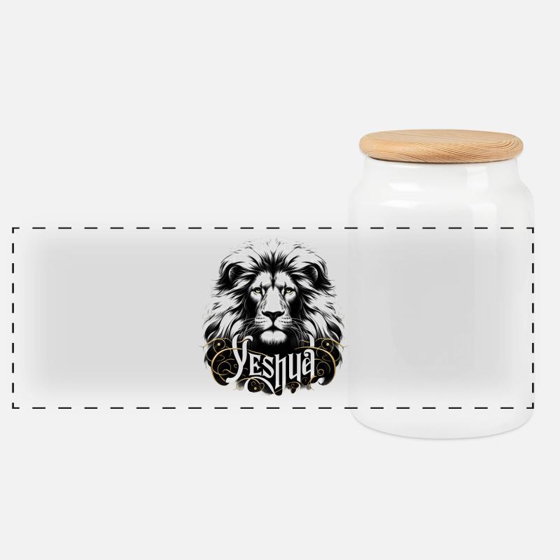 Prächtiger Löwenkopf mit Name Yeshua - Panorama Keksdose mit Holzdeckel - Weiß