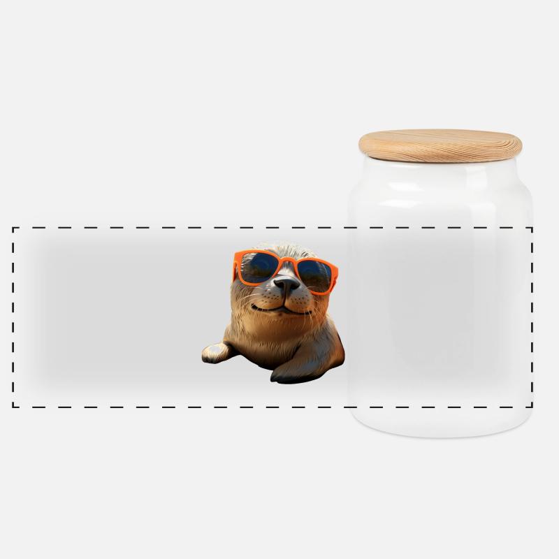 Robbe mit Sonnenbrille Seehund Walross Süße Robben - Panorama Keksdose mit Holzdeckel - Weiß