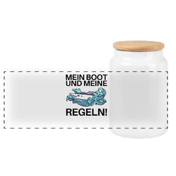 Boote Motorboot Regeln Spruch lustig - Panorama Keksdose mit Holzdeckel - Weiß - Vorne