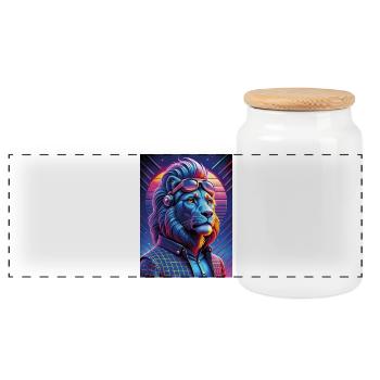 Neon Cyber Lion with Sunglasses - Panoramic Cookie Jar with Wooden Lid - white - Front