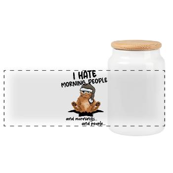 Matin de chat drôle disant icône de dessin animé comique - Boîte à biscuits avec couvercle en bois - blanc - Devant
