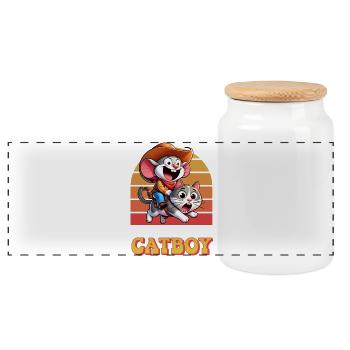Cowboy Mouse chevauche le chat - Little Big Catboy - Boîte à biscuits avec couvercle en bois - blanc - Devant
