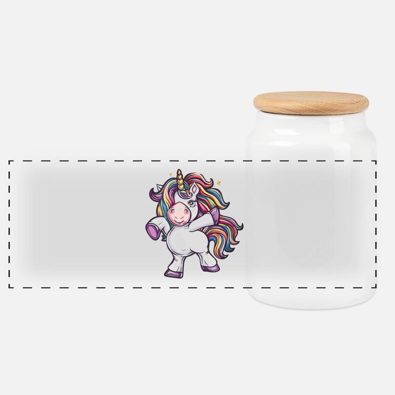 Bunter Einhorn Tanz - Panorama Keksdose mit Holzdeckel - Weiß