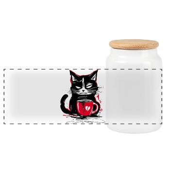 Coffee Cat Morning Grouch Coffee Cat - Panoramic Cookie Jar with Wooden Lid - white - Front