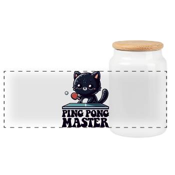 Ping Pong Master Katze Tenue de papa chat noir - Boîte à biscuits avec couvercle en bois - blanc - Devant