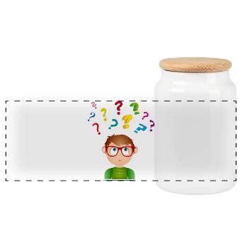 Boy with glasses with many colorful question marks - Panoramic Cookie Jar with Wooden Lid - white - Front