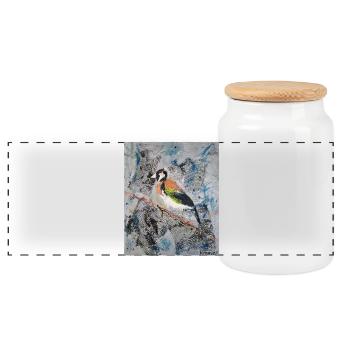 Acrylic painting with Stiglitz on tree branch - Panoramic Cookie Jar with Wooden Lid - white - Front