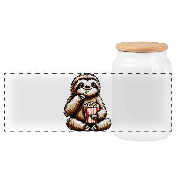 Sloth Popcorn Movie Night - Panoramic Cookie Jar with Wooden Lid - white - Front