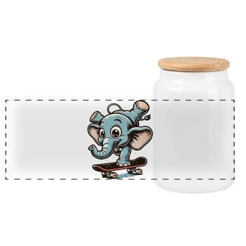 blauer Cartoon-Elefant auf dem Skateboard - Panorama Keksdose mit Holzdeckel - Weiß - Vorne