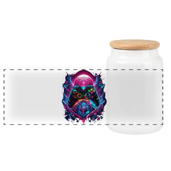 Vibrant Cyberpunk Gaming Controller Graphics - Panoramic Cookie Jar with Wooden Lid - white - Front