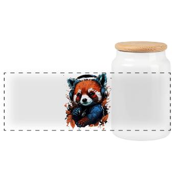 Cute music-loving red panda - Panoramic Cookie Jar with Wooden Lid - white - Front