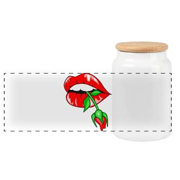 Kissing lips with rose - Panoramic Cookie Jar with Wooden Lid - white - Front