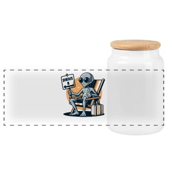Alien "Sirius B" Hitchhiker's Guide Cartoon Illustration - Panoramic Cookie Jar with Wooden Lid - white - Front