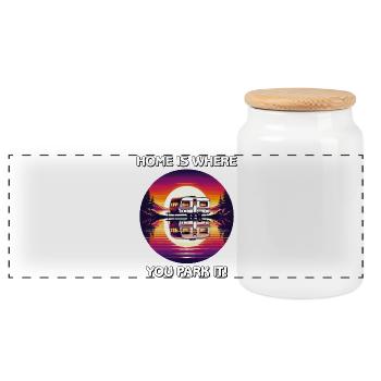 Home Is Where You Park It Retro Sunset Camper Van - Panoramic Cookie Jar with Wooden Lid - white - Front