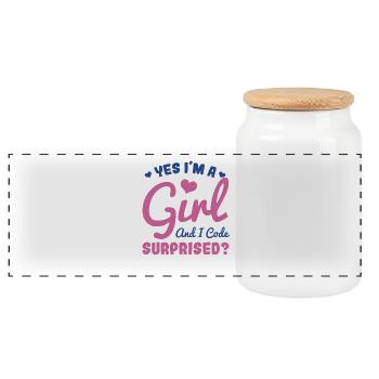 Girl and programmer - Panoramic Cookie Jar with Wooden Lid - white - Front