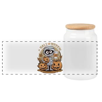 Mumie mit Kürbis und Halloween-Motiv - Panorama Keksdose mit Holzdeckel - Weiß - Vorne