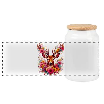 Hirsch mit Blumen geschmückt - Panorama Keksdose mit Holzdeckel - Weiß - Vorne