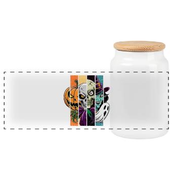 Halloween Monsters: Witch, Ghost, Skeleton, Skull. - Panoramic Cookie Jar with Wooden Lid - white - Front
