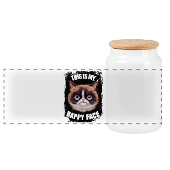 Funny Happy Face Kitten Kitty Cat Ironic Sarcasm. - Panoramic Cookie Jar with Wooden Lid - white - Front