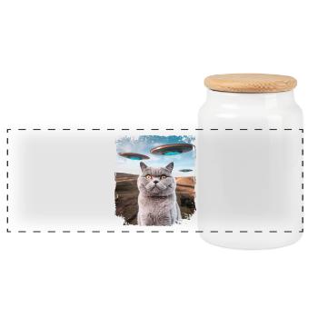Funny British Shorthair Cat selfie with Alien UFOs - Panoramic Cookie Jar with Wooden Lid - white - Front