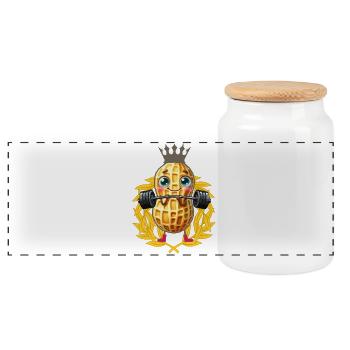Peanut Weight Lifting Laurel Wreath Bodybuilder - Panoramic Cookie Jar with Wooden Lid - white - Front