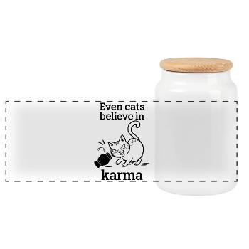 Even Cats Believe In Karma - Cat Humor Irony - Panoramic Cookie Jar with Wooden Lid - white - Front