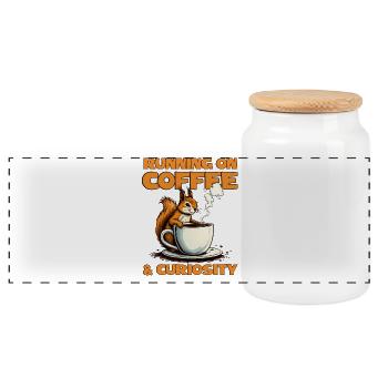 With coffee and curiosity – squirrel coffee - Panoramic Cookie Jar with Wooden Lid - white - Front