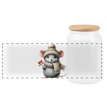 süße Maus mit einer warmen Strickmütze und Schal - Panorama Keksdose mit Holzdeckel - Weiß - Vorne