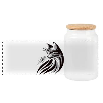 Katzen Silhouette Tribal Katze, Cat Tattoo - Panorama Keksdose mit Holzdeckel - Weiß - Vorne