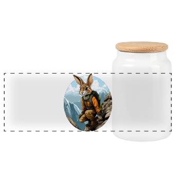 Rabbit Mountaineer / Hiking Rabbit - Panoramic Cookie Jar with Wooden Lid - white - Front