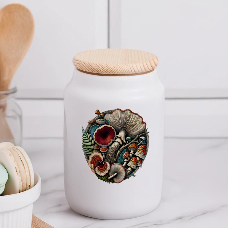 Conception complexe de champignons et d’éléments forestiers Boîte à biscuits avec couvercle en bois