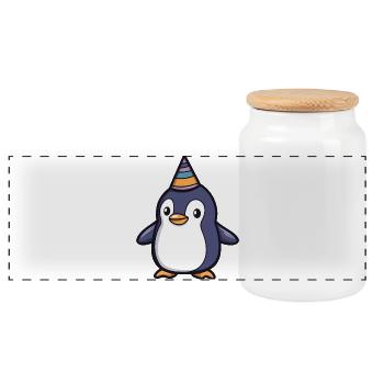 Happy Penguin with Party Hat - Cartoon Design - Panoramic Cookie Jar with Wooden Lid - white - Front