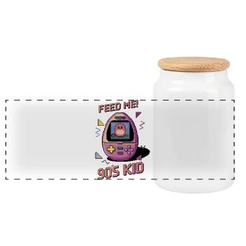 Tamagotchi Feed Me 90er Jahre Nostalgie Design - Panorama Keksdose mit Holzdeckel - Weiß - Vorne