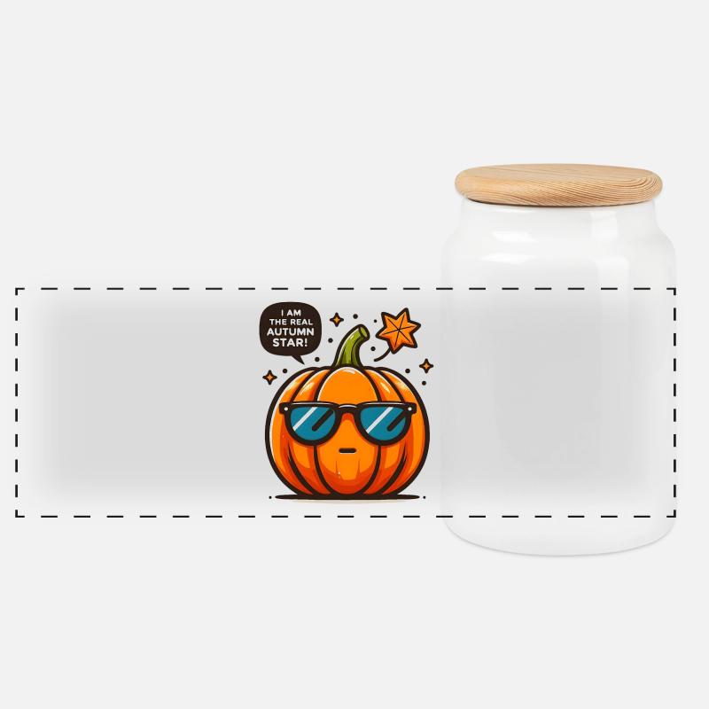 Herbststar: Kürbis mit Sonnenbrille - Panorama Keksdose mit Holzdeckel - Weiß