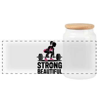 Bodybuilder Gym Girl Barbell Power Beauty - Panoramic Cookie Jar with Wooden Lid - white - Front