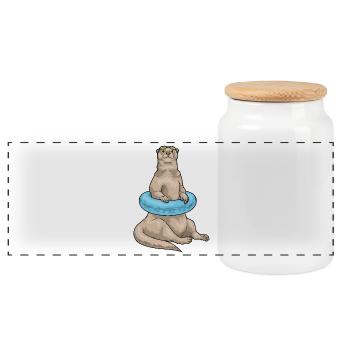 Otter Swimming Swim Ring Summer - Panoramic Cookie Jar with Wooden Lid - white - Front