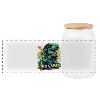Dino Gamer Joystick Dinosaur - Panoramic Cookie Jar with Wooden Lid - white - Front
