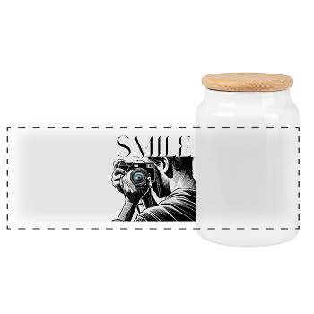 Camera Focus-Please Smile Design for Photographers - Panoramic Cookie Jar with Wooden Lid - white - Front