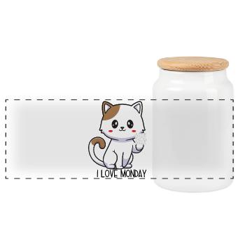 I Love Monday – Freche Katze Cartoon - Panorama Keksdose mit Holzdeckel - Weiß - Vorne