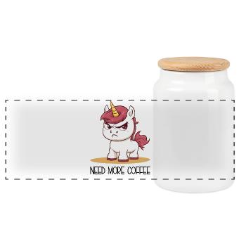 Need More Coffee – Offended Unicorn Cartoon - Panoramic Cookie Jar with Wooden Lid - white - Front