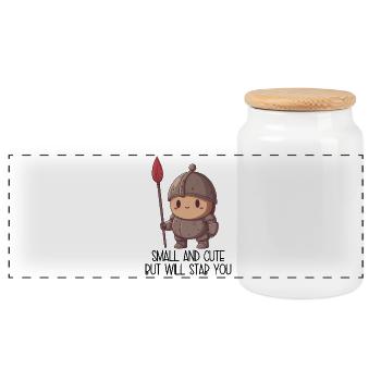 Small and Cute But Will Stab You – Süßer Krieger - Panoramic Cookie Jar with Wooden Lid - white - Front