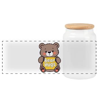 Kuschelbär mit Bear Hugs Schild - Panorama Keksdose mit Holzdeckel - Weiß - Vorne