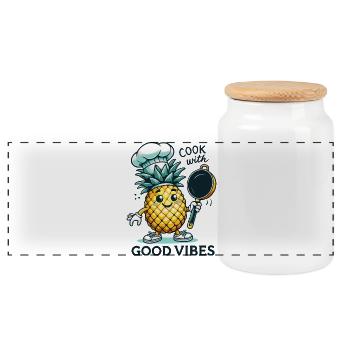 Cook with Joy Pineapple Chef Happy Cooking - Panoramic Cookie Jar with Wooden Lid - white - Front