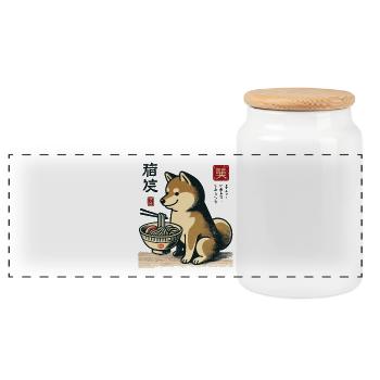 Ramen Noodles Streetwear Ukiyo-E Anime Dog - Panoramic Cookie Jar with Wooden Lid - white - Front